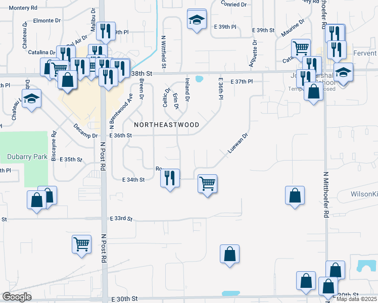 map of restaurants, bars, coffee shops, grocery stores, and more near 3520 Luewan Court in Indianapolis