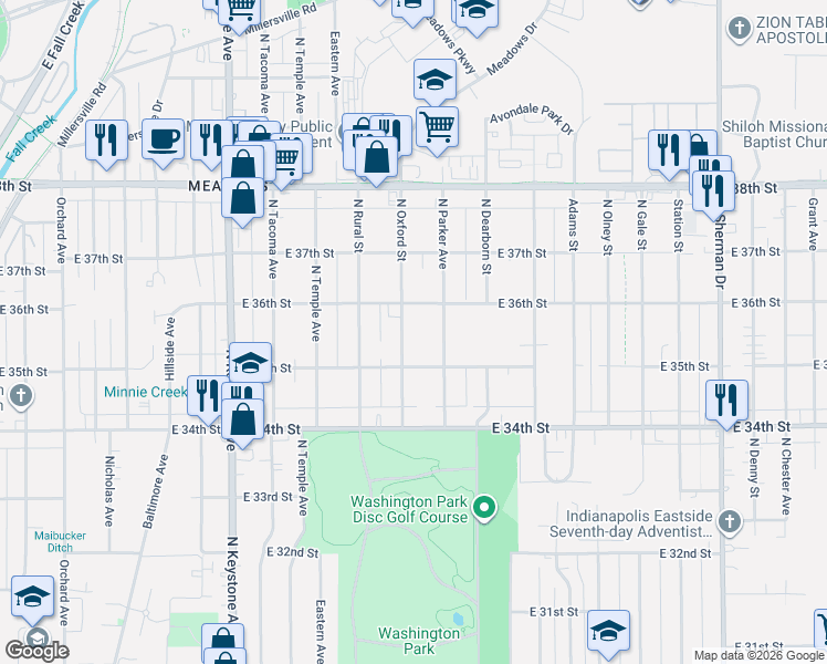 map of restaurants, bars, coffee shops, grocery stores, and more near 3515 North Oxford Street in Indianapolis