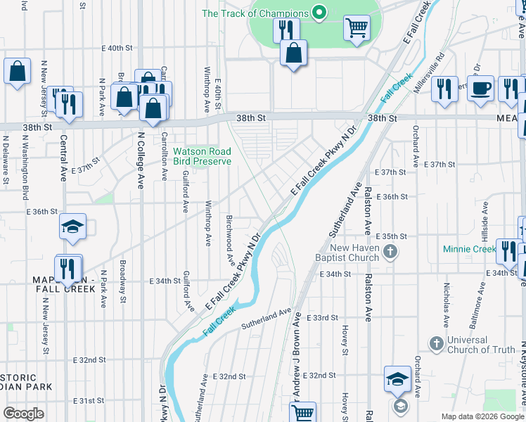 map of restaurants, bars, coffee shops, grocery stores, and more near 3496 East Fall Creek Parkway North Drive in Indianapolis