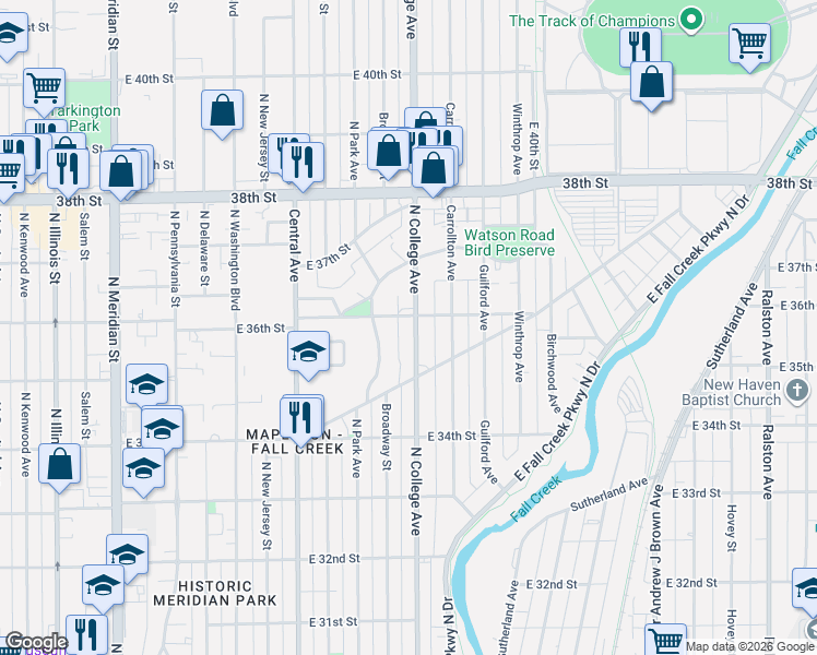 map of restaurants, bars, coffee shops, grocery stores, and more near 3534 North College Avenue in Indianapolis