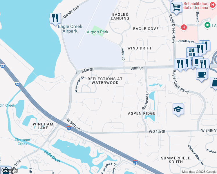 map of restaurants, bars, coffee shops, grocery stores, and more near 3640 Reflections Lane in Indianapolis
