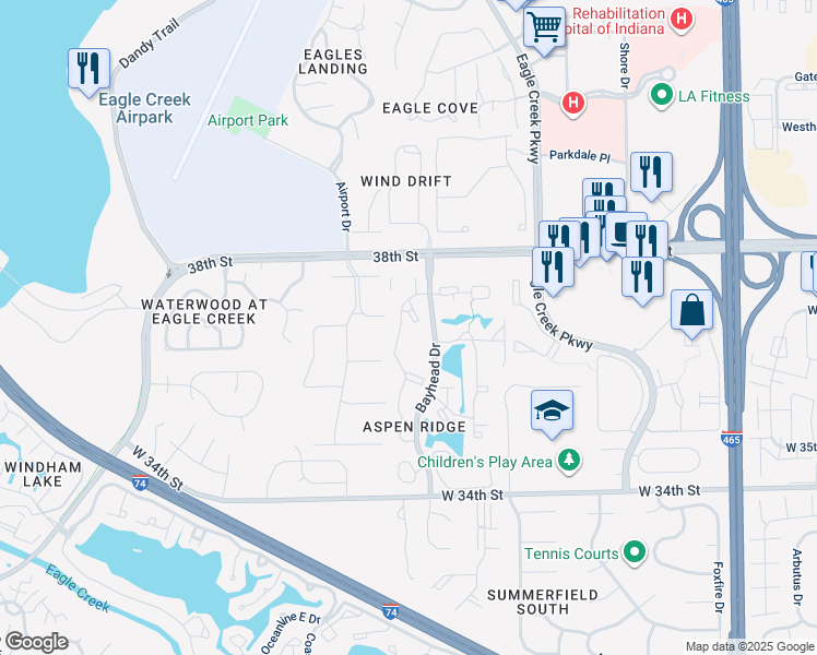 map of restaurants, bars, coffee shops, grocery stores, and more near 3628 Hyannis Port Drive in Indianapolis