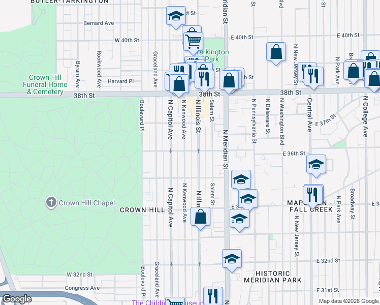 map of restaurants, bars, coffee shops, grocery stores, and more near 3539 North Kenwood Avenue in Indianapolis
