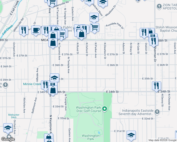 map of restaurants, bars, coffee shops, grocery stores, and more near 3515 North Oxford Street in Indianapolis