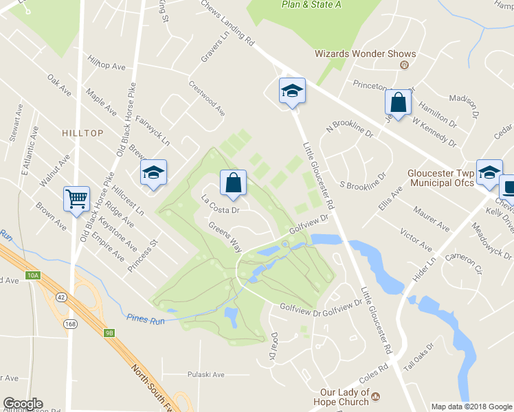 map of restaurants, bars, coffee shops, grocery stores, and more near 44 La Costa Drive in Gloucester Township