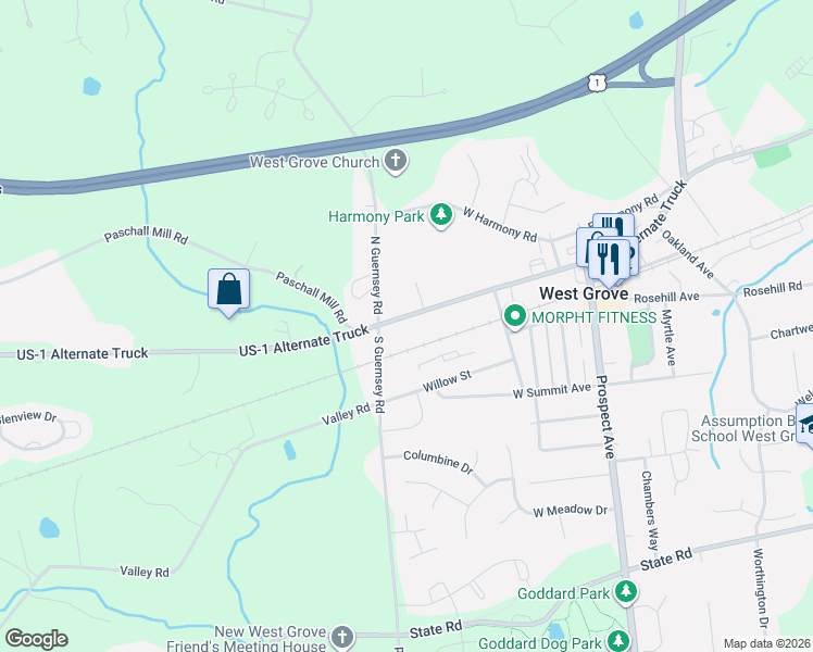 map of restaurants, bars, coffee shops, grocery stores, and more near 260 West Evergreen Street in West Grove