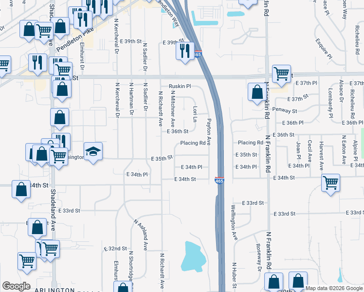 map of restaurants, bars, coffee shops, grocery stores, and more near 7610 East 35th Street in Indianapolis