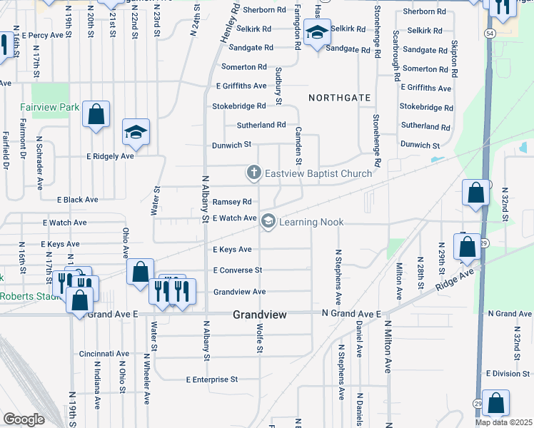 map of restaurants, bars, coffee shops, grocery stores, and more near 2306 Ramsey Road in Springfield