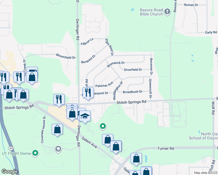 map of restaurants, bars, coffee shops, grocery stores, and more near 4725 Pierpont Drive in Dayton