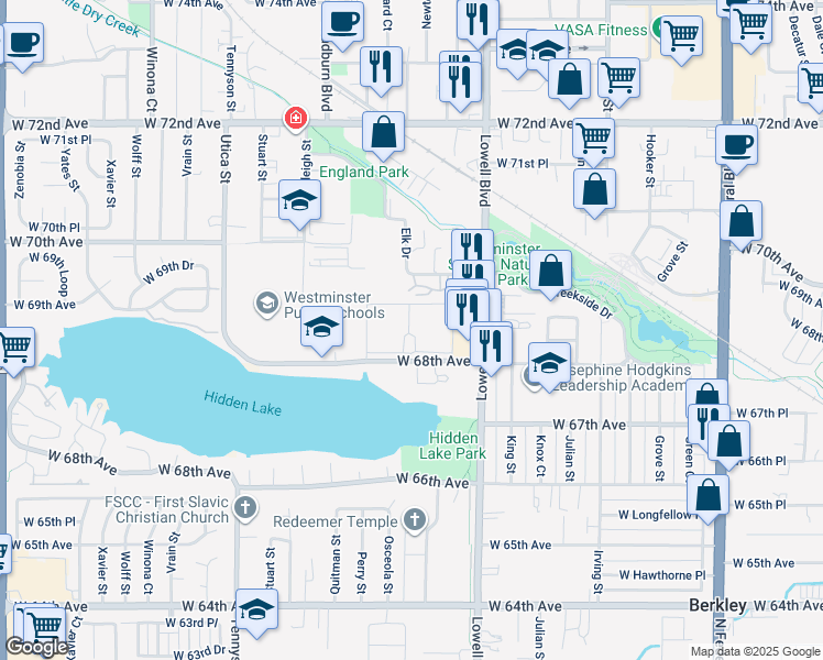 map of restaurants, bars, coffee shops, grocery stores, and more near 3791 West 68th Avenue in Westminster