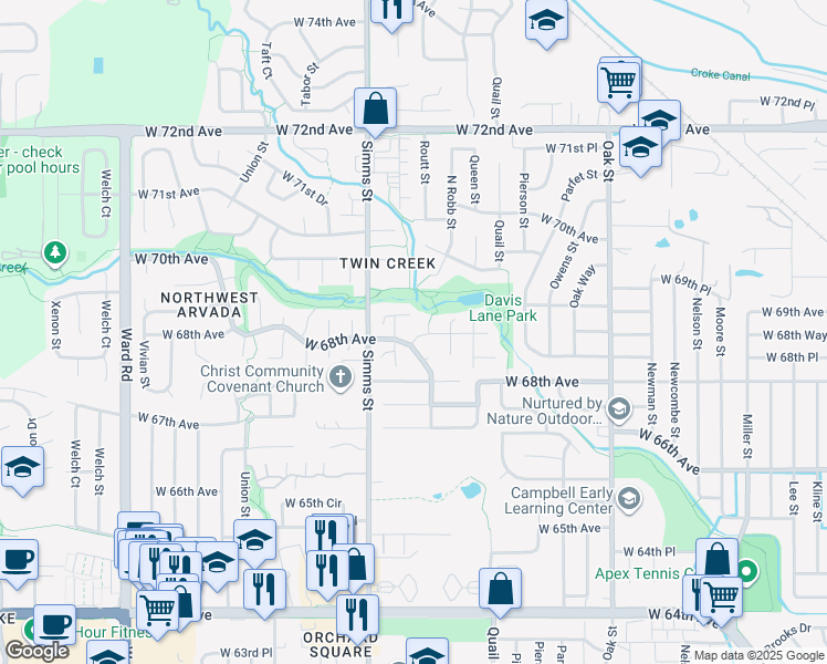 map of restaurants, bars, coffee shops, grocery stores, and more near 11455 68th Avenue in Arvada