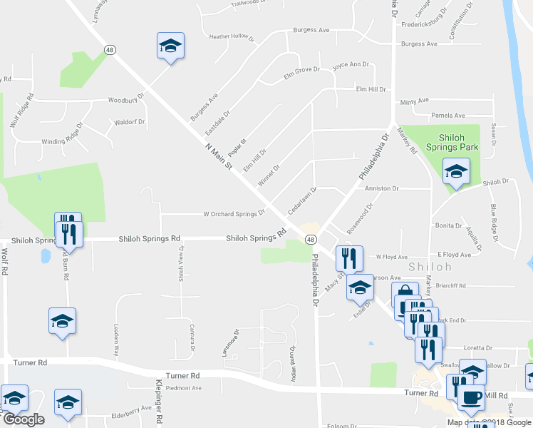 map of restaurants, bars, coffee shops, grocery stores, and more near 41 Shiloh Springs Road in Dayton