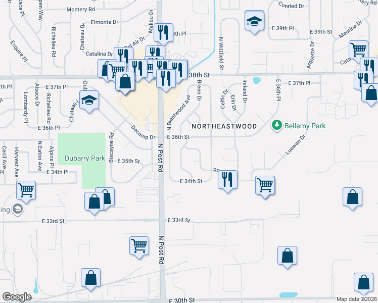 map of restaurants, bars, coffee shops, grocery stores, and more near 3516 Maura Lane in Indianapolis