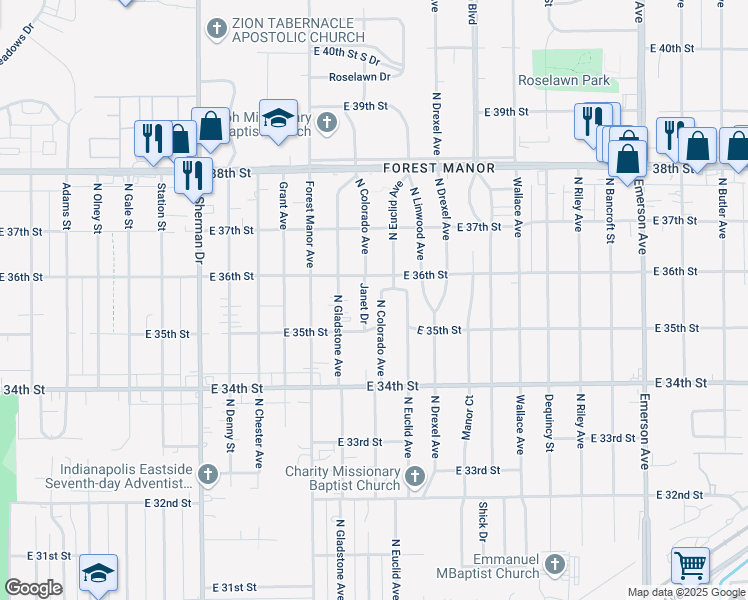 map of restaurants, bars, coffee shops, grocery stores, and more near 3510 North Colorado Avenue in Indianapolis