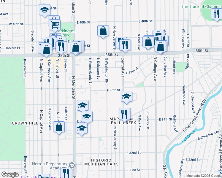 map of restaurants, bars, coffee shops, grocery stores, and more near 321 East 36th Street in Indianapolis