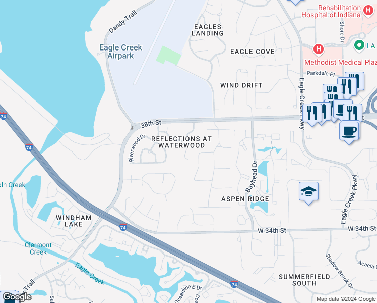 map of restaurants, bars, coffee shops, grocery stores, and more near 3640 Reflections Lane in Indianapolis