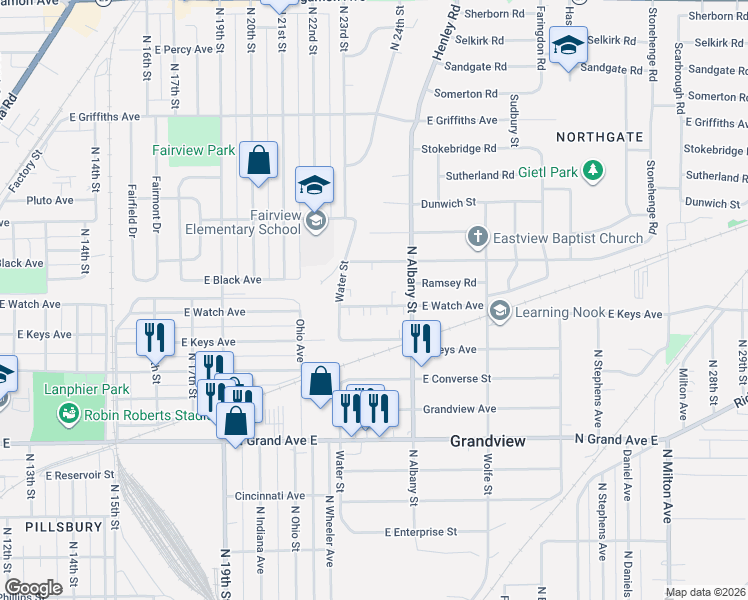 map of restaurants, bars, coffee shops, grocery stores, and more near 2132 East Watch Avenue in Springfield