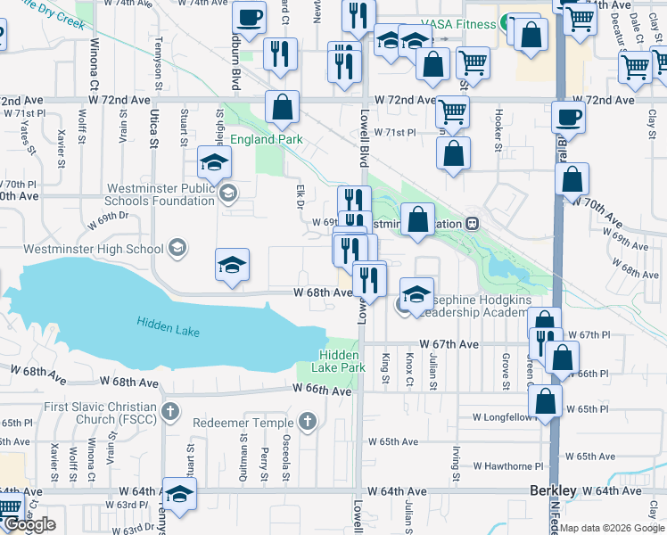 map of restaurants, bars, coffee shops, grocery stores, and more near 3701 West 68th Avenue in Westminster