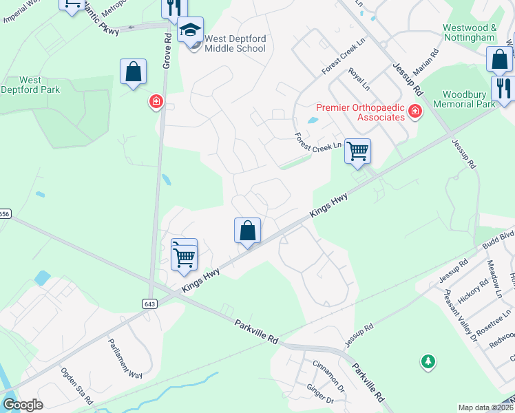 map of restaurants, bars, coffee shops, grocery stores, and more near 1000 Buckingham Drive in West Deptford