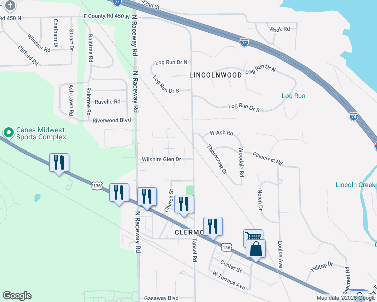 map of restaurants, bars, coffee shops, grocery stores, and more near 3638 Roxburgh Court South in Indianapolis