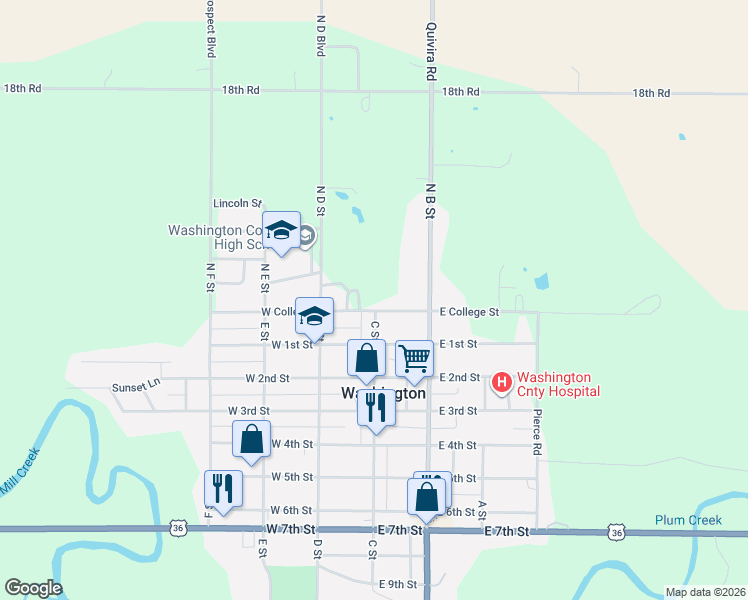 map of restaurants, bars, coffee shops, grocery stores, and more near 101 West College Street in Washington