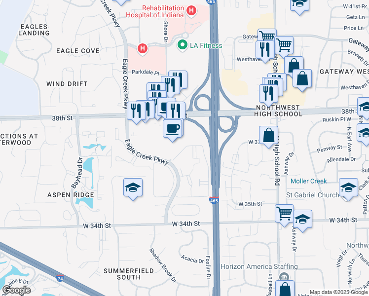 map of restaurants, bars, coffee shops, grocery stores, and more near 6705 West Mill Run Drive in Indianapolis