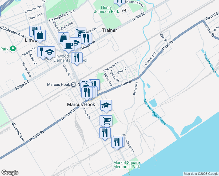 map of restaurants, bars, coffee shops, grocery stores, and more near 203 East 10th Street in Marcus Hook