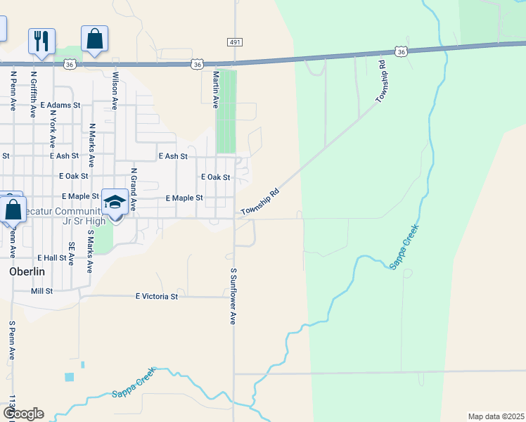 map of restaurants, bars, coffee shops, grocery stores, and more near Township Road in Oberlin