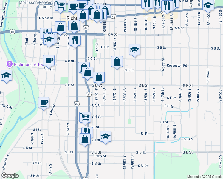 map of restaurants, bars, coffee shops, grocery stores, and more near 602 South 12th Street in Richmond