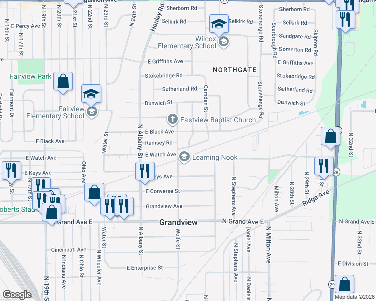 map of restaurants, bars, coffee shops, grocery stores, and more near 1628 Wolfe Street in Springfield