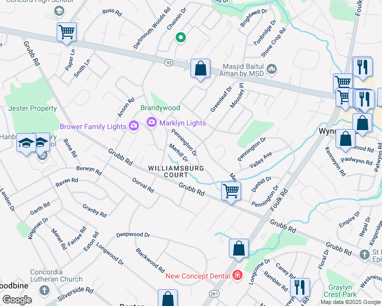 map of restaurants, bars, coffee shops, grocery stores, and more near 2624 Pennington Drive in Wilmington