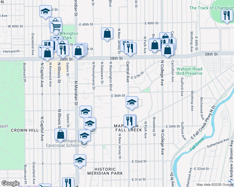 map of restaurants, bars, coffee shops, grocery stores, and more near 3603 North Washington Boulevard in Indianapolis