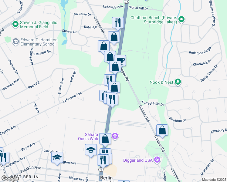 map of restaurants, bars, coffee shops, grocery stores, and more near 145 Route 73 in Voorhees Township