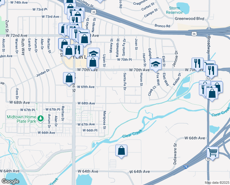 map of restaurants, bars, coffee shops, grocery stores, and more near 1181 West 68th Avenue in Denver
