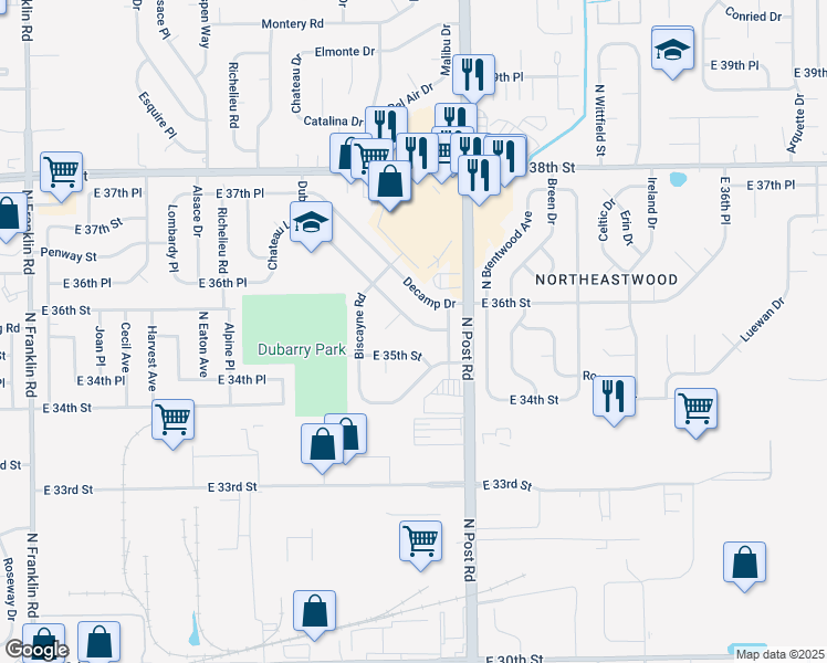 map of restaurants, bars, coffee shops, grocery stores, and more near 8902 East 35th Street in Indianapolis