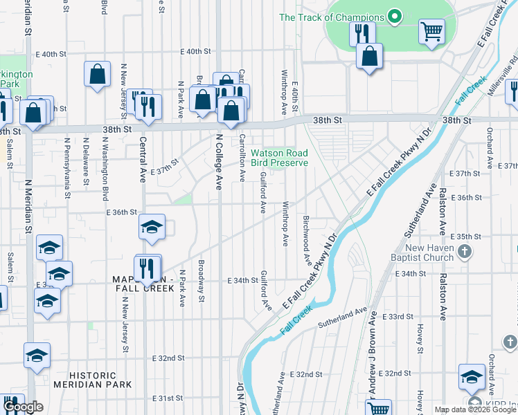 map of restaurants, bars, coffee shops, grocery stores, and more near 3531 Guilford Avenue in Indianapolis