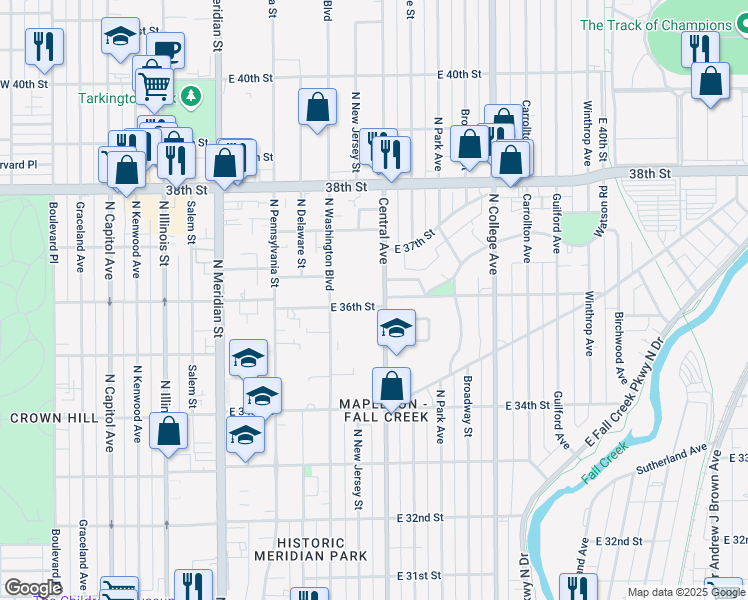 map of restaurants, bars, coffee shops, grocery stores, and more near 3547 Central Avenue in Indianapolis