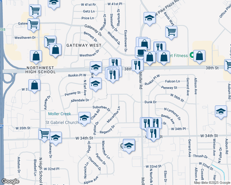 map of restaurants, bars, coffee shops, grocery stores, and more near 3625 Eisenhower Drive in Indianapolis