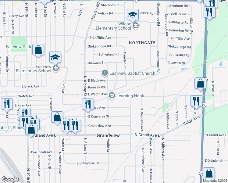 map of restaurants, bars, coffee shops, grocery stores, and more near 1628 Wolfe Street in Springfield
