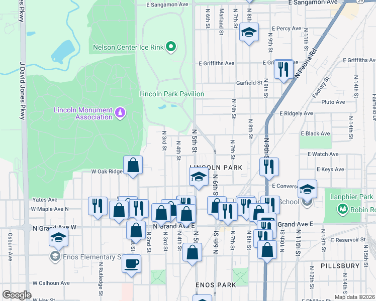 map of restaurants, bars, coffee shops, grocery stores, and more near 1454 North 4th Street in Springfield