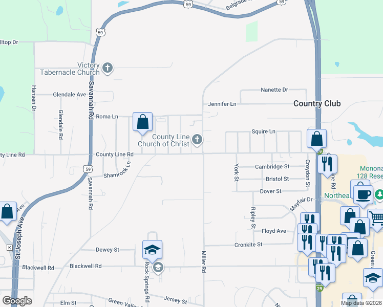 map of restaurants, bars, coffee shops, grocery stores, and more near 5758-5998 Miller Road in St. Joseph