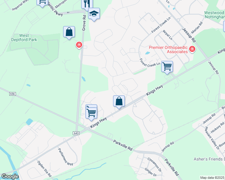 map of restaurants, bars, coffee shops, grocery stores, and more near 1101 Buckingham Drive in West Deptford