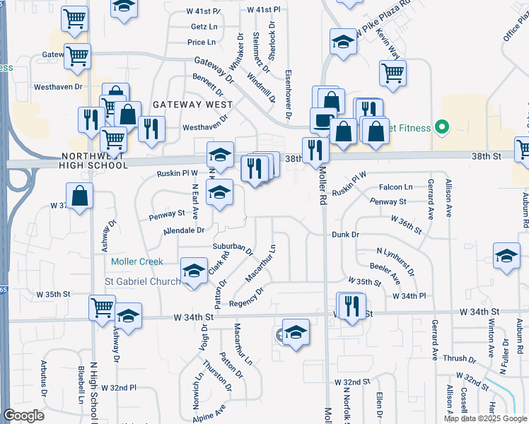map of restaurants, bars, coffee shops, grocery stores, and more near 3625 Eisenhower Drive in Indianapolis