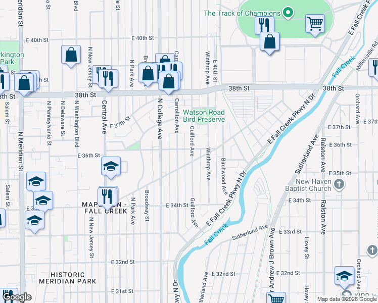 map of restaurants, bars, coffee shops, grocery stores, and more near 3531 Guilford Avenue in Indianapolis
