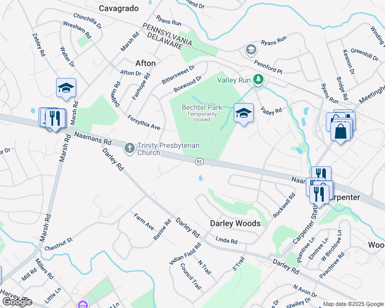 map of restaurants, bars, coffee shops, grocery stores, and more near 1301 Naamans Road in Wilmington