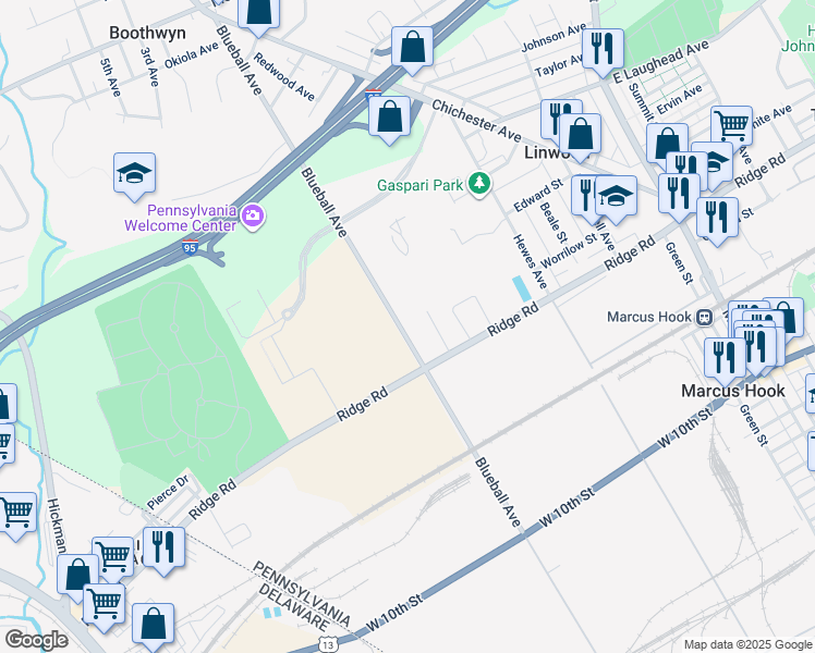 map of restaurants, bars, coffee shops, grocery stores, and more near 1449 Blueball Avenue in Linwood