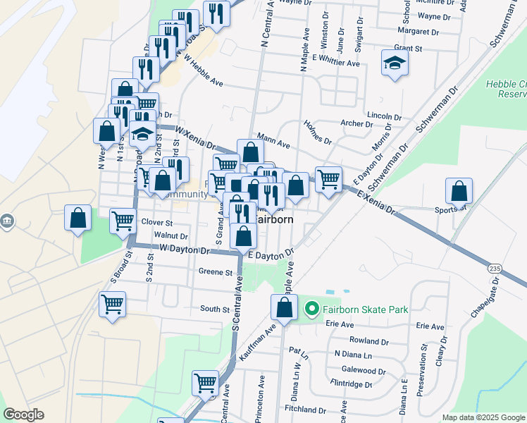 map of restaurants, bars, coffee shops, grocery stores, and more near 28 East Main Street in Fairborn