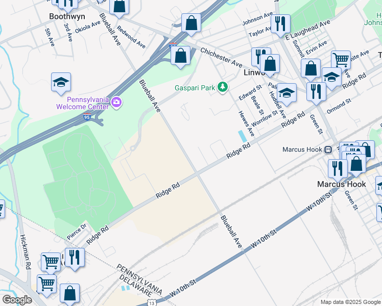 map of restaurants, bars, coffee shops, grocery stores, and more near 1449 Blueball Avenue in Linwood