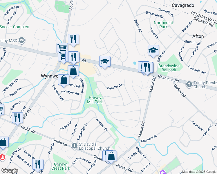 map of restaurants, bars, coffee shops, grocery stores, and more near 2227 Decatur Drive in Wilmington