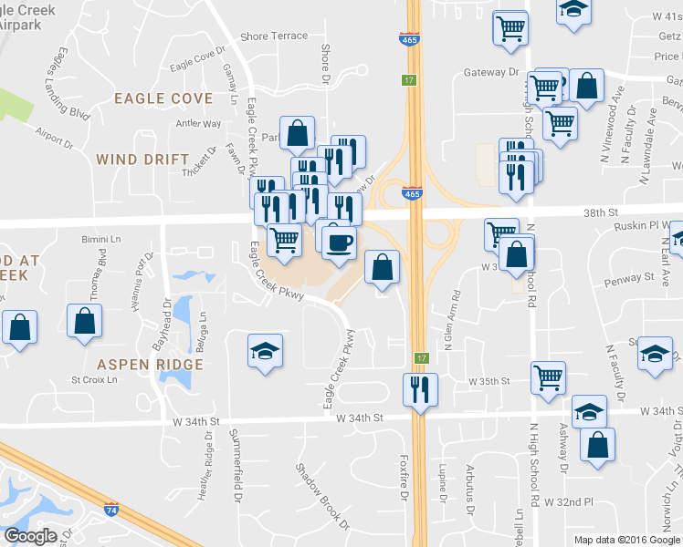map of restaurants, bars, coffee shops, grocery stores, and more near 6925 West 38th Street in Indianapolis